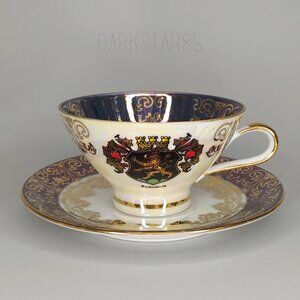 Vintage GVD Bavaria Heidelberg Lusterware Blue & Gold Demitasse Teacup & Saucer